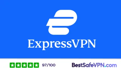 ExpressVPN logo on a blue background with a white stylized "E" icon and the text "ExpressVPN" underneath. At the bottom is a rating of 97 out of 100 and four and a half green stars, along with the BestSafeVPN.com branding