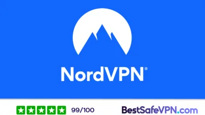 A bright blue background with the white NordVPN logo featuring stylized mountains in a semicircle, the word “NordVPN,” a four-and-a-half-star rating at 99/100, and the BestSafeVPN.com branding at the bottom.