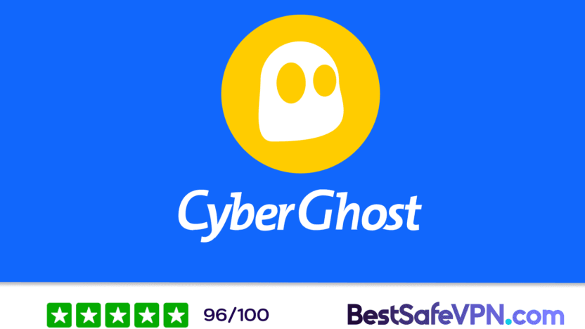 CyberGhost VPN Überprüfung | BestSafeVPN.com CyberGhost VPN-Logo auf blauem Hintergrund mit einer 96/100-Bewertung von BestSafeVPN.com. Das Geistersymbol mit weißen Ovalen auf einem gelben Kreis steht für die Sicherheit und Anonymität des VPN-Dienstes.