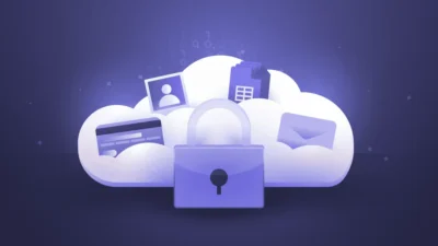 Cloud with a lock symbol surrounded by icons representing photos, files, and sensitive information protected by encryption.