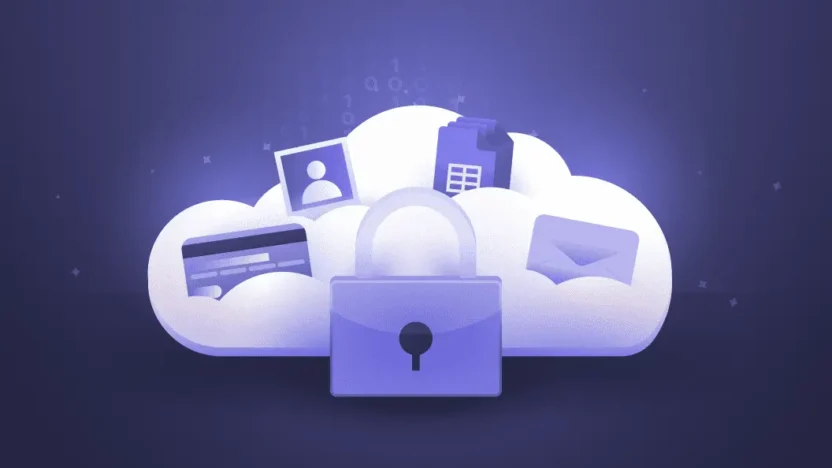 Cloud with a lock symbol surrounded by icons representing photos, files, and sensitive information protected by encryption.
