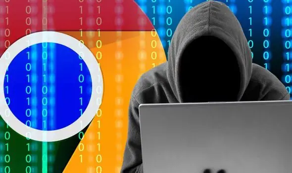 Google Chrome hack | BestSafeVPN.com Hacker in a hoodie using a laptop in front of the Google Chrome logo, symbolizing cybersecurity threats and the risk of malicious browser extensions.