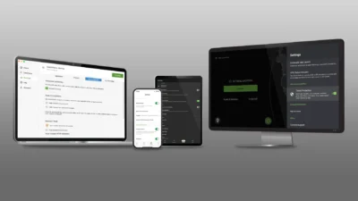 Devices with IPVanish Threat Protection enabled on various platforms: laptop, smartphone, tablet, and desktop, showcasing the application's interface.