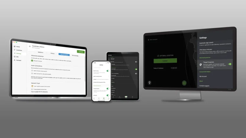 Zařízení s aktivovanou funkcí ochrany proti hrozbám (Threat Protection) ve službě IPVanish na různých platformách: notebook, mobilní telefon, tablet a stolní počítač, zobrazení rozhraní aplikace.