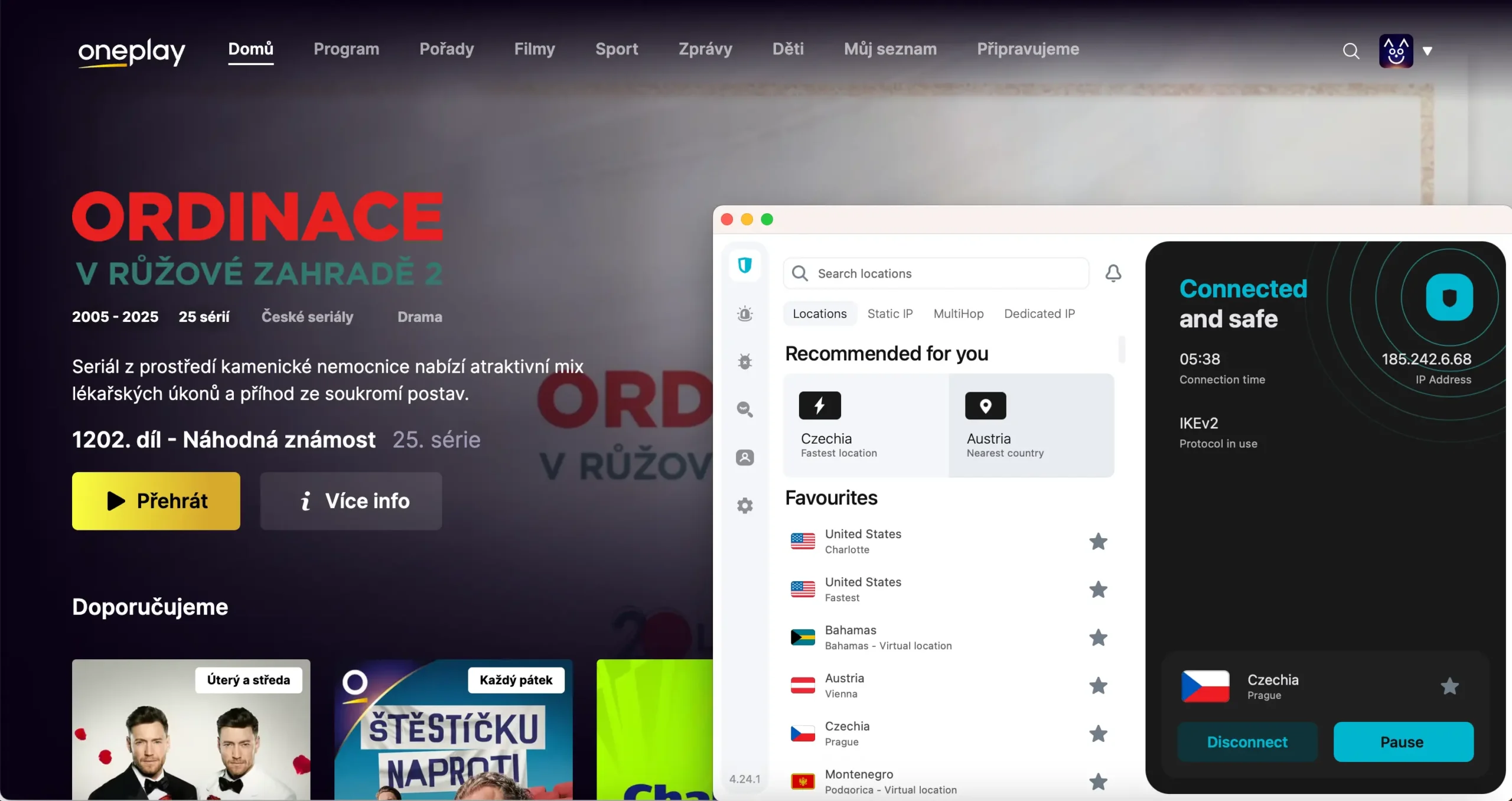 OnePlay spuštěný přes Surfshark VPN s připojením na český server pro sledování Ordinace v růžové zahradě.