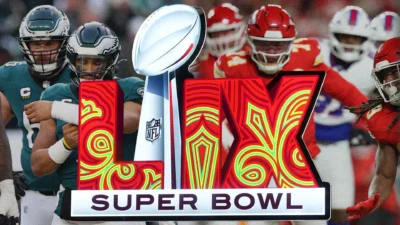 Grafický vizuál Super Bowlu LIX s logem v červených a žlutých vzorech, trofejí Vince Lombardiho a hráči týmů Philadelphia Eagles a Kansas City Chiefs v pozadí.