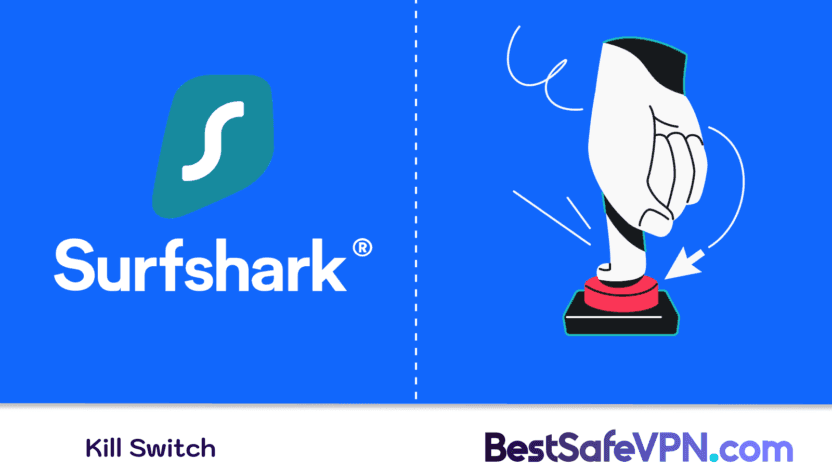SurfShark Kill Switch | BestSafeVPN.com The Surfshark VPN logo next to a graphic of a hand pressing a red button, symbolizing the Kill Switch feature to protect online privacy. Complete with the name BestSafeVPN.com.