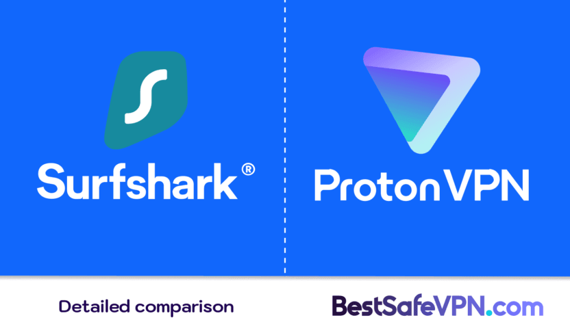 SurfShark vs Proton VPN Detailed comparison | BestSafeVPN.com Comparison of Surfshark and ProtonVPN - two popular VPN services side by side against a blue background. The Surfshark logo on the left and ProtonVPN on the right, complete with 'Detailed Comparison' and a link to BestSafeVPN.com.