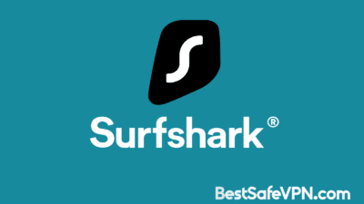 Logo Surfshark na tyrkysovém pozadí s textem BestSafeVPN.com – moderní VPN služba pro bezpečné připojení a ochranu soukromí.