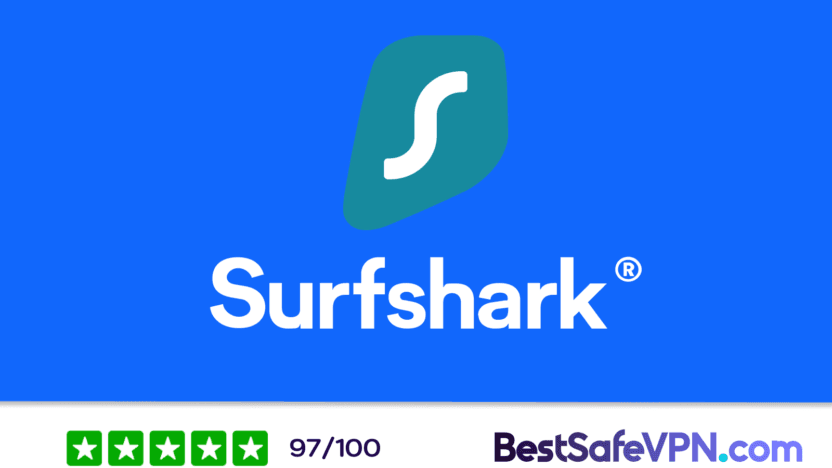 SurfShark_review_and_evaluation | BestSafeVPN.com Surfshark VPN logo with a 97/100 rating from BestSafeVPN.com - a reliable VPN service for secure surfing and streaming.