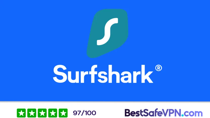 Logo Surfshark VPN s hodnocením 97/100 od BestSafeVPN.com – spolehlivá VPN služba pro bezpečné surfování a streamování.
