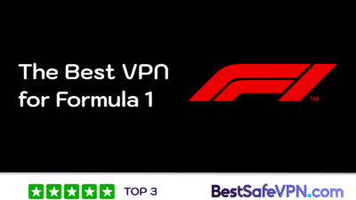 The best VPN for watching Formula 1 with the F1 logo and a 5-star rating from BestSafeVPN.com, recommending the best VPN services for Formula 1 racing.