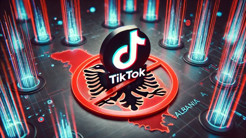 TikTok zákaz Albánie | BestSafeVPN.com Symbol zákazu TikToku v Albánii, TikTok logo s červeným zákazovým symbolem na pozadí mapy Albánie a digitálního firewalu.