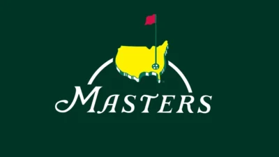 Logo turnaje The Masters s mapou USA a golfovou jamkou, představující prestižní událost v Augusta National Golf Club
