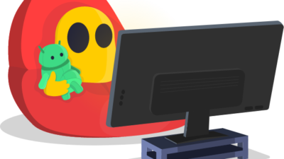 The animated CyberGhost VPN character sits in a red chair, watching TV and hugging a green Android robot.