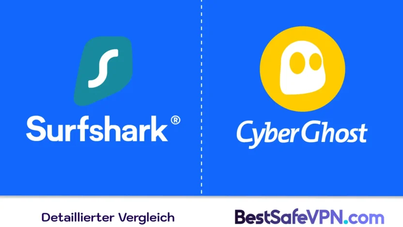 Detaillierter Vergleich SurfShark - CyberGhost VPN | BestSafeVPN.com Logos von Surfshark und CyberGhost nebeneinander – detaillierter VPN-Vergleich auf BestSafeVPN.com
