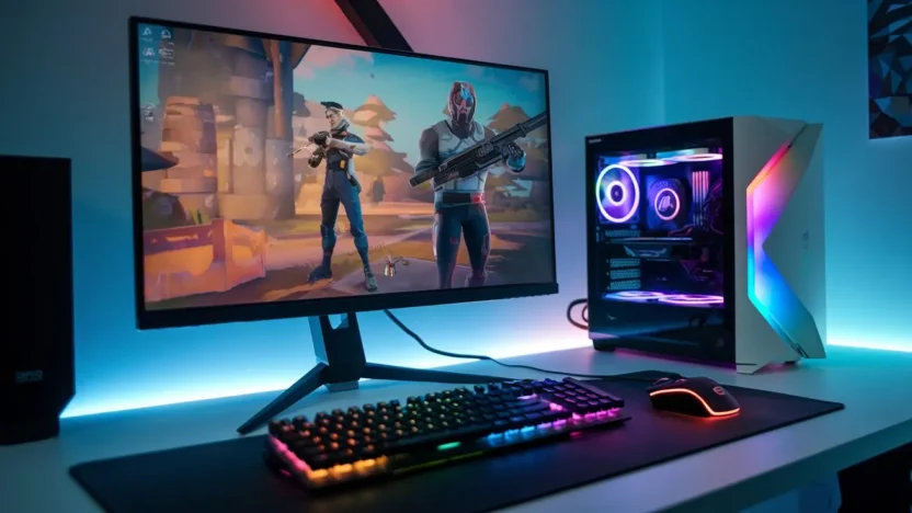 Fortnite on PC | BestSafeVPN.com Gaming setup with RGB backlight and Fortnite running on the monitor.