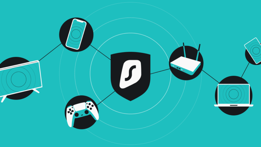 SurfShark VPN alle Geräte | BestSafeVPN.com Ein Diagramm, das zeigt, wie Surfshark VPN sich mit allen Arten von Geräten verbindet - Handy, Game Controller, Smart TV, Router, Tablet und Laptop, die mit einem zentralen VPN-Schild verbunden sind.