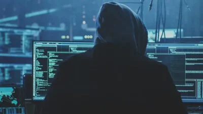 Ein vermummter Hacker sitzt an einem Computer in einem dunklen Raum, umgeben von Bildschirmen mit Quellcode und einer Weltkarte. Eine Illustration von Cyberkriminalität und Hackerangriffen.