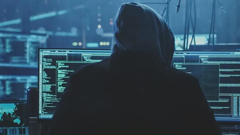 Hacker | BestSafeVPN.com Ein vermummter Hacker sitzt an einem Computer in einem dunklen Raum, umgeben von Bildschirmen mit Quellcode und einer Weltkarte. Eine Illustration von Cyberkriminalität und Hackerangriffen.