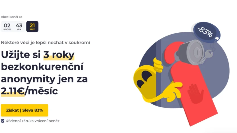 Reklamní banner CyberGhost VPN s nabídkou 3letého předplatného za 2,11 €/měsíc a slevou 83 %, odpočítávání akčního času, ilustrace se žlutým maskotem a cedulkou „nerušit“.