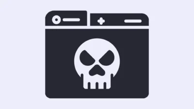 Ilustrace varující před nebezpečím na internetu – ikona webového prohlížeče s lebkou symbolizující kybernetické hrozby, hackery nebo dark web.