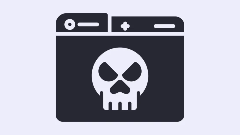 Ilustrace varující před nebezpečím na internetu – ikona webového prohlížeče s lebkou symbolizující kybernetické hrozby, hackery nebo dark web.