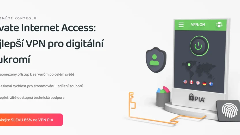 Reklama na Private Internet Access VPN s textem „Nejlepší VPN pro digitální soukromí“ a nabídkou 85% slevy, vedle grafiky obrazovky s aktivovanou VPN.