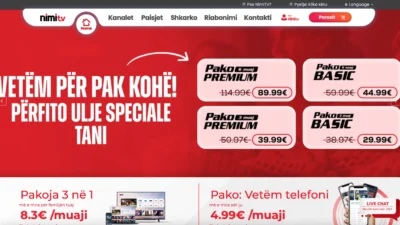 Screenshot of the NimiTV homepage showing discounted Albanian TV subscription packages. Promotions include Premium and Basic plans for 3 or 6 months, with prices such as €89.99 for 6-month Premium and €29.99 for 3-month Basic. Red background with white promotional text and product images.