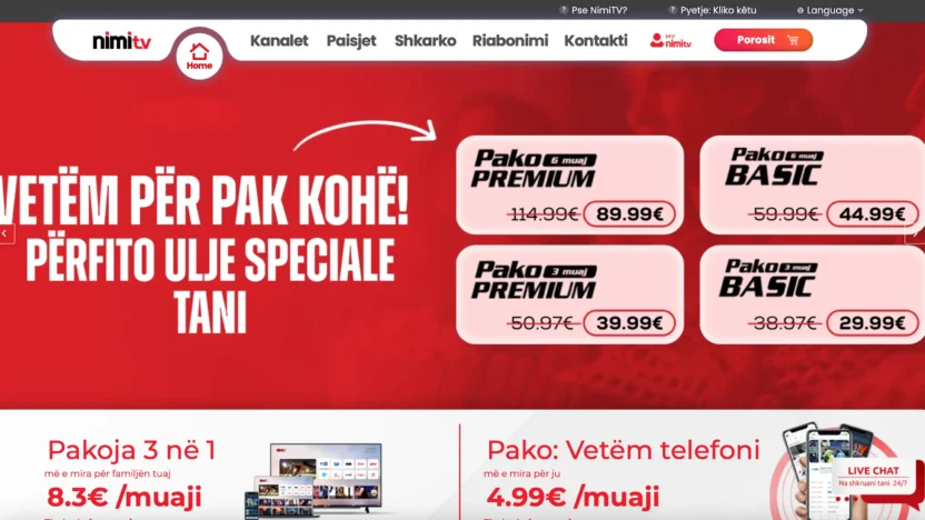 Albanian TV stream | BestSafeVPN.com Screenshot of the NimiTV homepage showing discounted Albanian TV subscription packages. Promotions include Premium and Basic plans for 3 or 6 months, with prices such as €89.99 for 6-month Premium and €29.99 for 3-month Basic. Red background with white promotional text and product images.