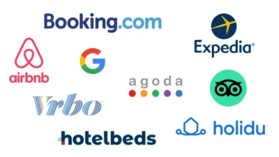 Loga nejznámějších online rezervačních platforem pro ubytování – Booking.com, Airbnb, Expedia, Google, Agoda, Vrbo, TripAdvisor, Hotelbeds a Holidu – zobrazená na bílém pozadí jako přehled hlavních hráčů v oblasti cestovního ubytování.
