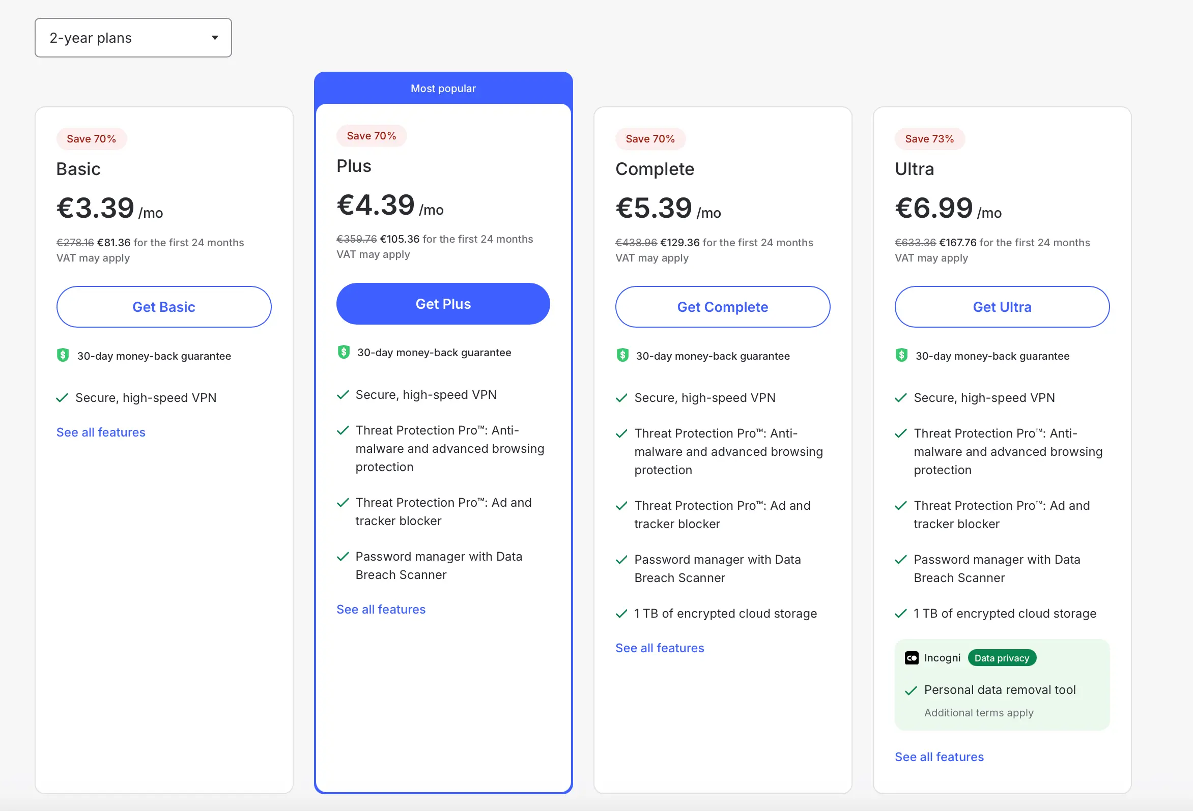 NordVPN ceník plánů a tarifů na 2 roky | BestSafeVPN.com Srovnání tarifů NordVPN – Basic, Plus, Complete a Ultra s cenami za 2leté předplatné, funkcemi jako Threat Protection, cloud úložiště a Incogni nástrojem.