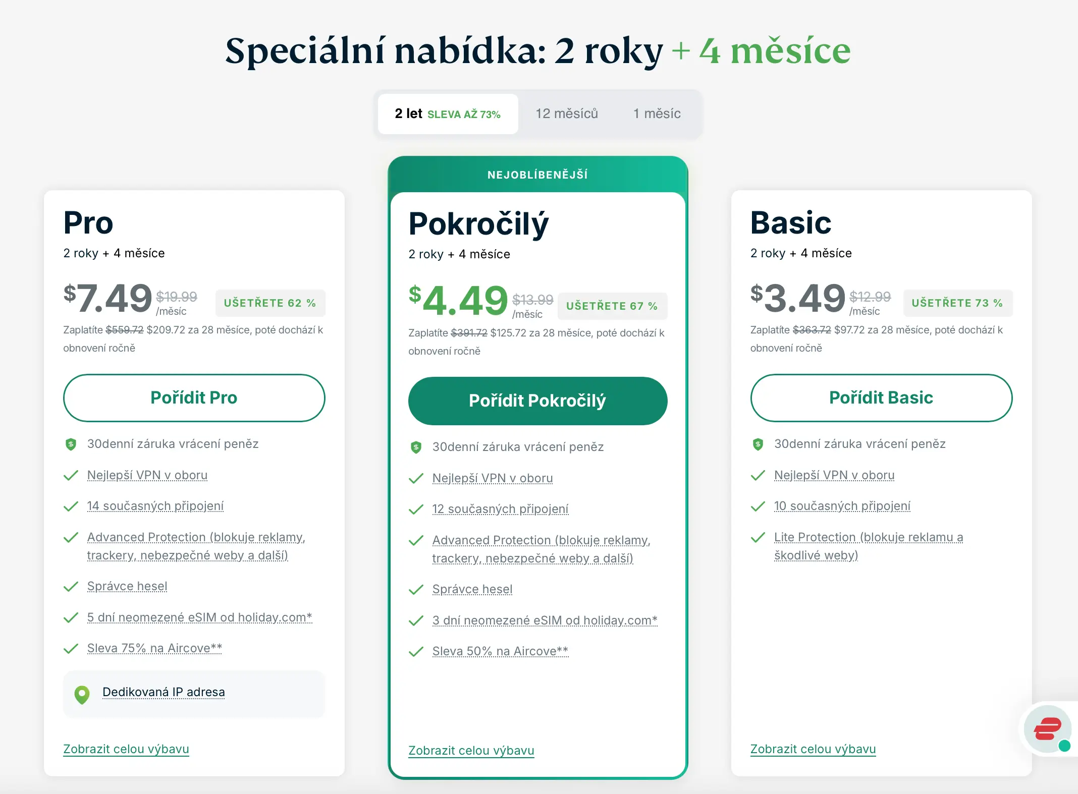 ExpressVPN ceník nové tarify platné od září 2025 | BestSafeVPN.com Ceník nových tarifů ExpressVPN platný od září 2025: srovnání plánů Pro, Pokročilý a Basic na 2 roky + 4 měsíce, včetně cen za měsíc, počtu připojení, hlavních funkcí a výše slevy.