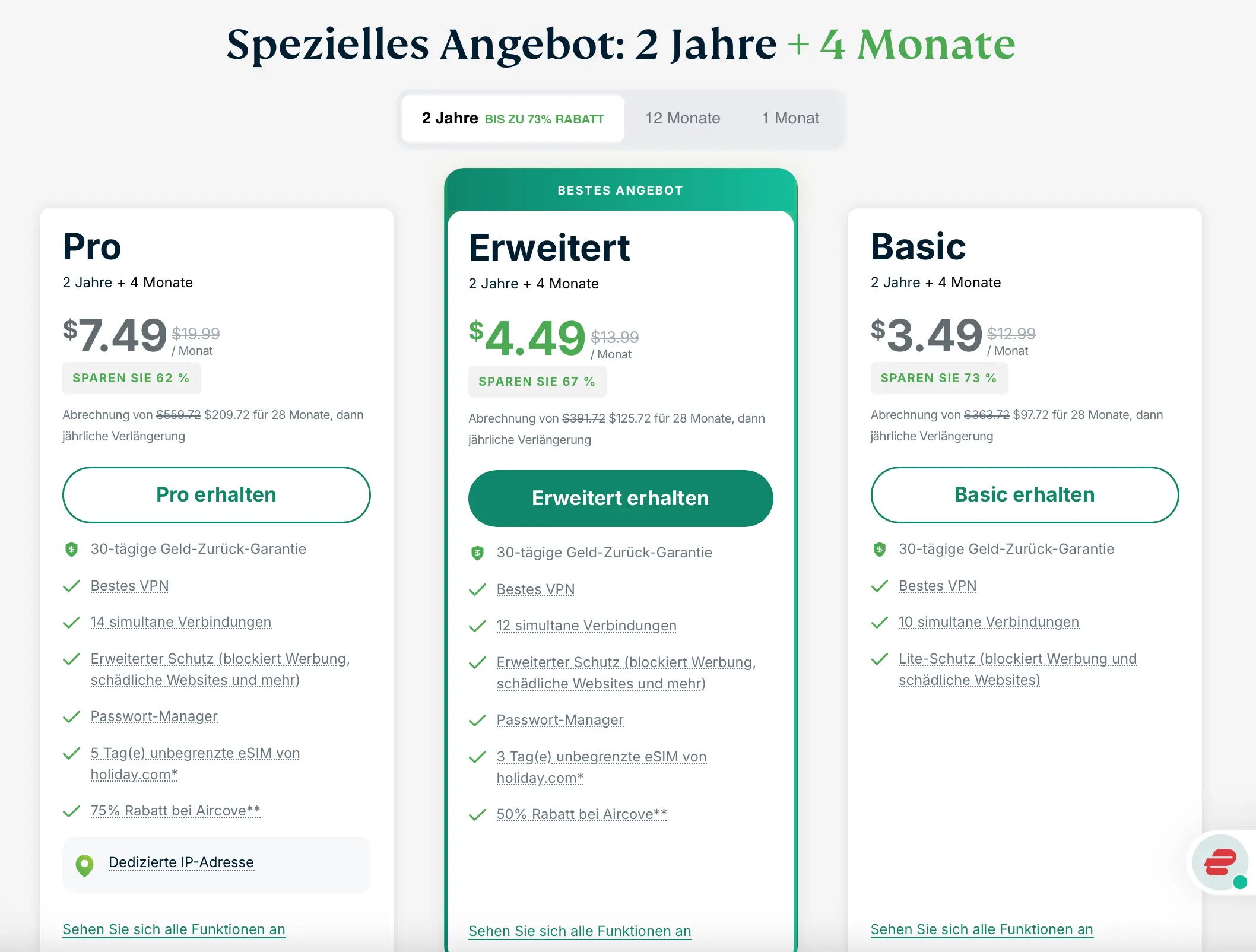 Neue Tarife ExpressVPN | BestSafeVPN.com Preisübersicht der neuen ExpressVPN Tarife ab September 2025: Vergleich der Pläne Pro, Advanced und Basic für 2 Jahre + 4 Monate, inklusive Monatspreisen, Geräteanzahl, Hauptfunktionen und Rabattangabe.