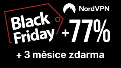 Black Friday NordVPN 2025 | BestSafeVPN.com Propagační grafika ke slevě NordVPN na Black Friday, s logem NordVPN, textem „77 % sleva + 3 měsíce zdarma“ a výrazným černým pozadím s červeným rámečkem připomínajícím cenovku.