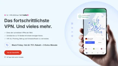Black Friday NordVPN Germany | BestSafeVPN.com Hand hält ein Smartphone mit geöffneter NordVPN-App, verbunden mit einem Server in Deutschland. Links daneben Text zum Black Friday Angebot: „Hol dir 75 % Rabatt + 3 Extra-Monate“.
