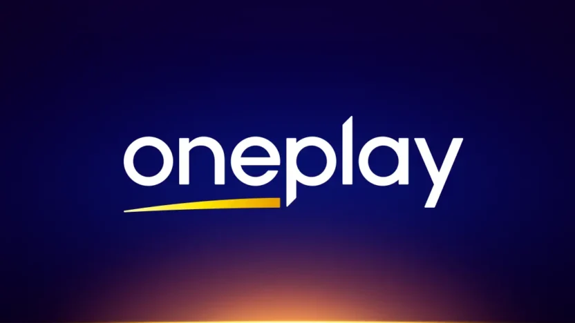 OnePlay streamovací platforma | BestSafeVPN.com Logo streamovací platformy OnePlay na tmavě modrém pozadí se zlatým podtržením.