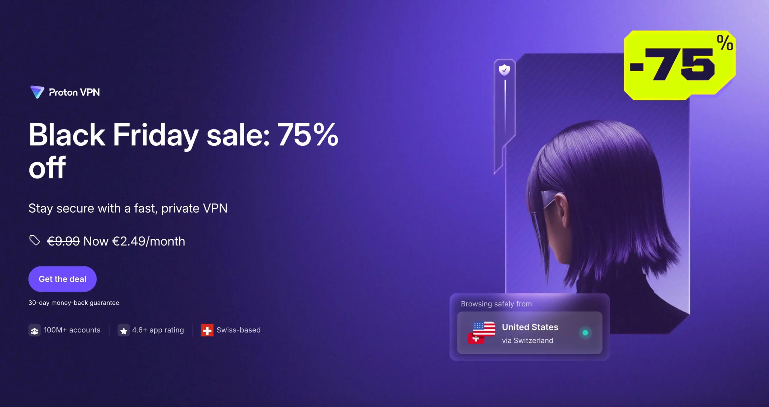 ProtonVPN Black Friday 2025 banner showing 75% off deal with a purple design and a person browsing safely through a Swiss VPN connection.