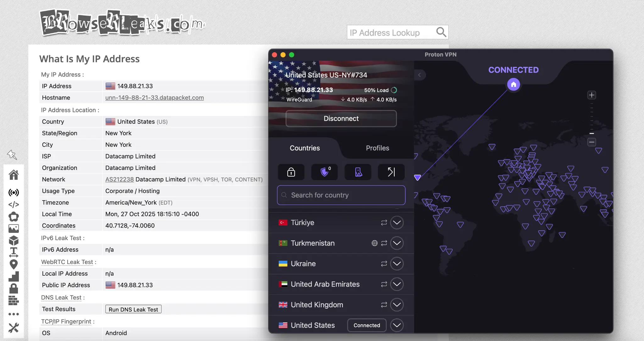 ProtonVPN IP leak test showing U.S. IP address detected through a New York server on BrowserLeaks.