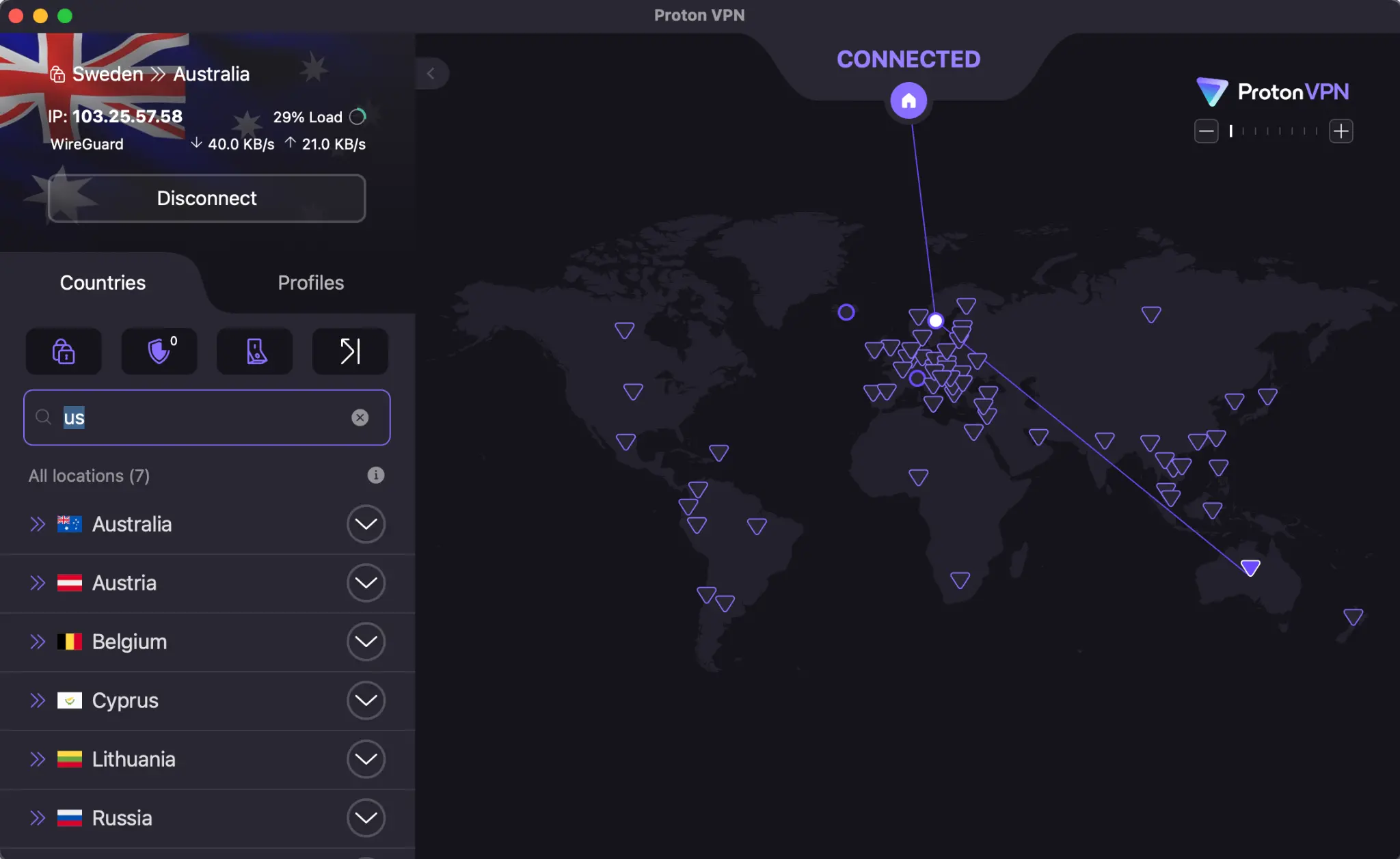 ProtonVPN Secure Core connection from Sweden to Australia shown on macOS app.