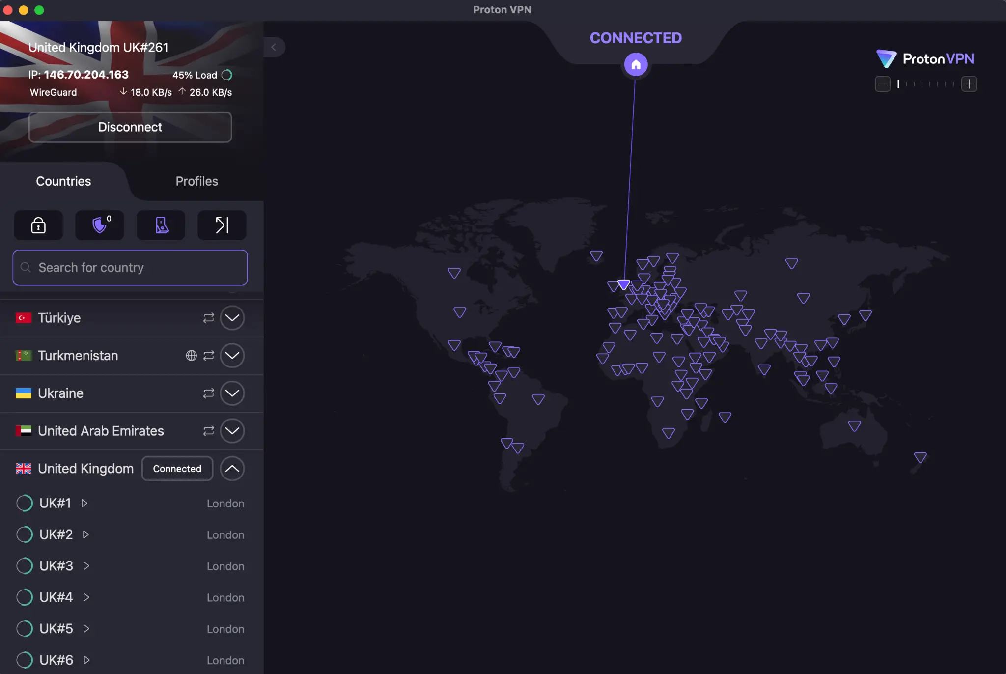 ProtonVPN connected to a United Kingdom server using WireGuard protocol on macOS.