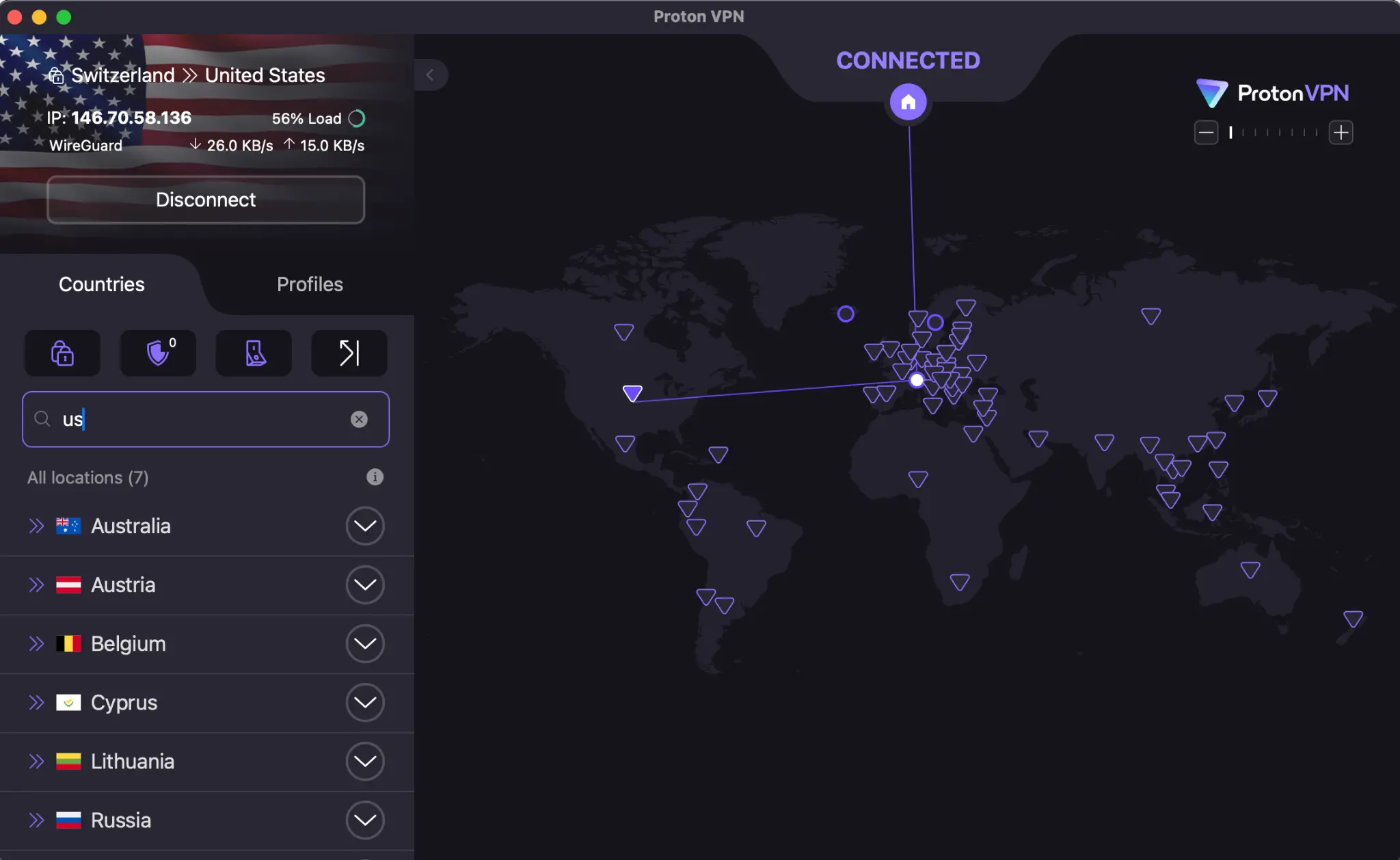 ProtonVPN connected from Switzerland to the United States using WireGuard on macOS.