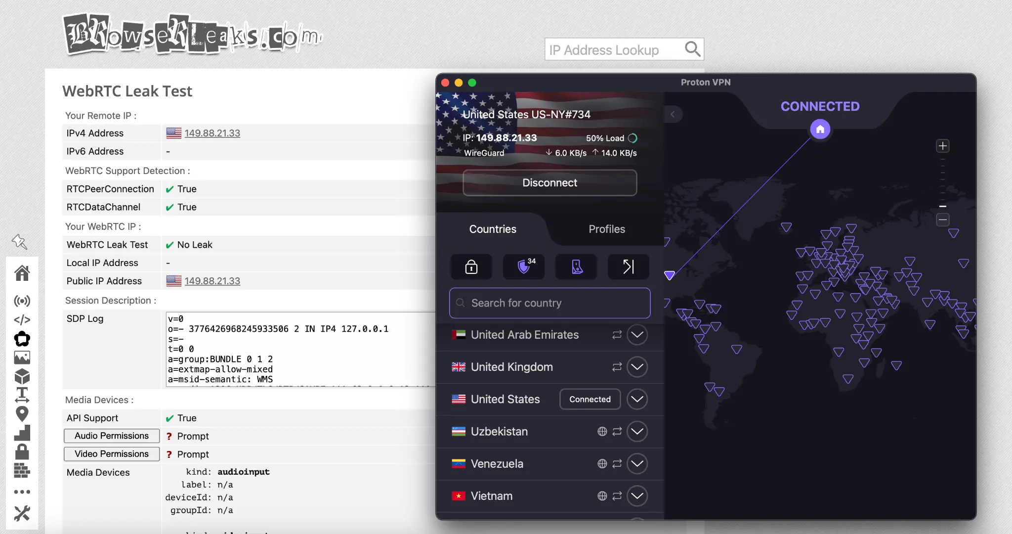 ProtonVPN WebRTC leak test result showing no leaks detected and a U.S. IP address.