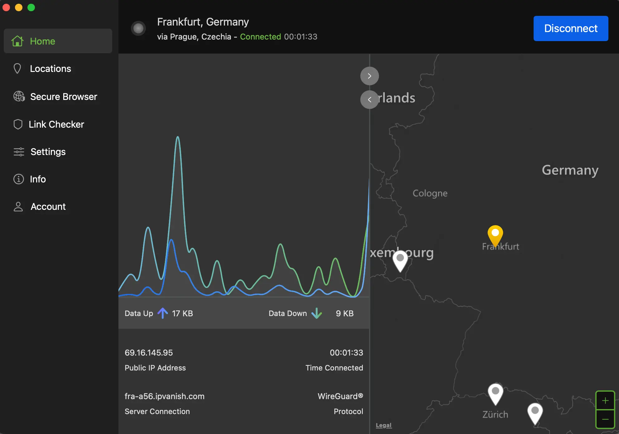 Zapnutý IPVanish přes Frankfurt a Prahu na Macu, graf rychlosti a mapa připojení