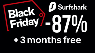 Surfshark Black Friday banner with bold minus 87 percent discount and 3 months free on a black background.