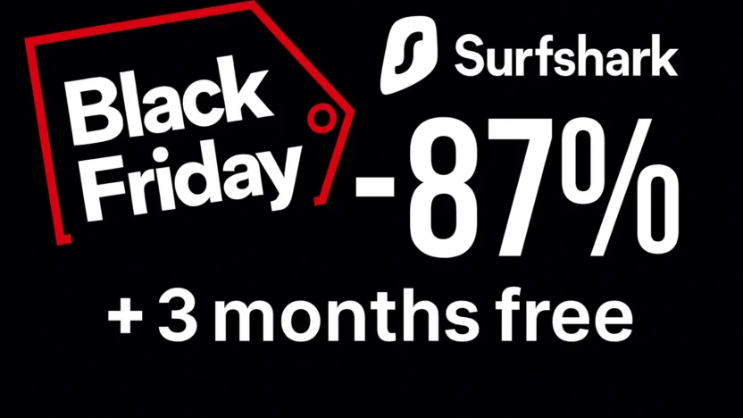 Black Friday SurfShark VPN 2025 | BestSafeVPN.com Surfshark Black Friday banner with bold minus 87 percent discount and 3 months free on a black background.