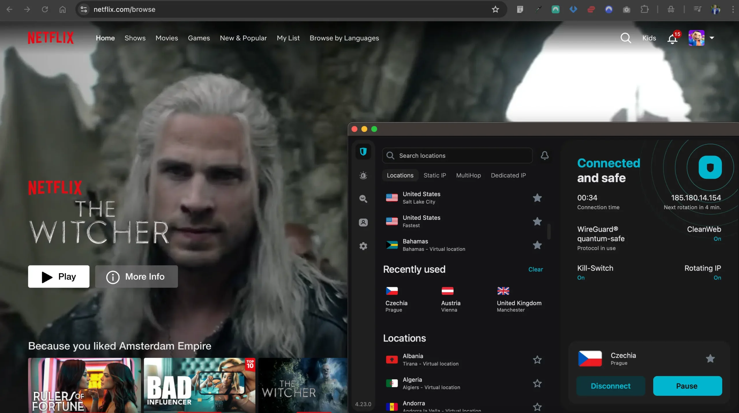Netflix se zapnutým SurfShark VPN