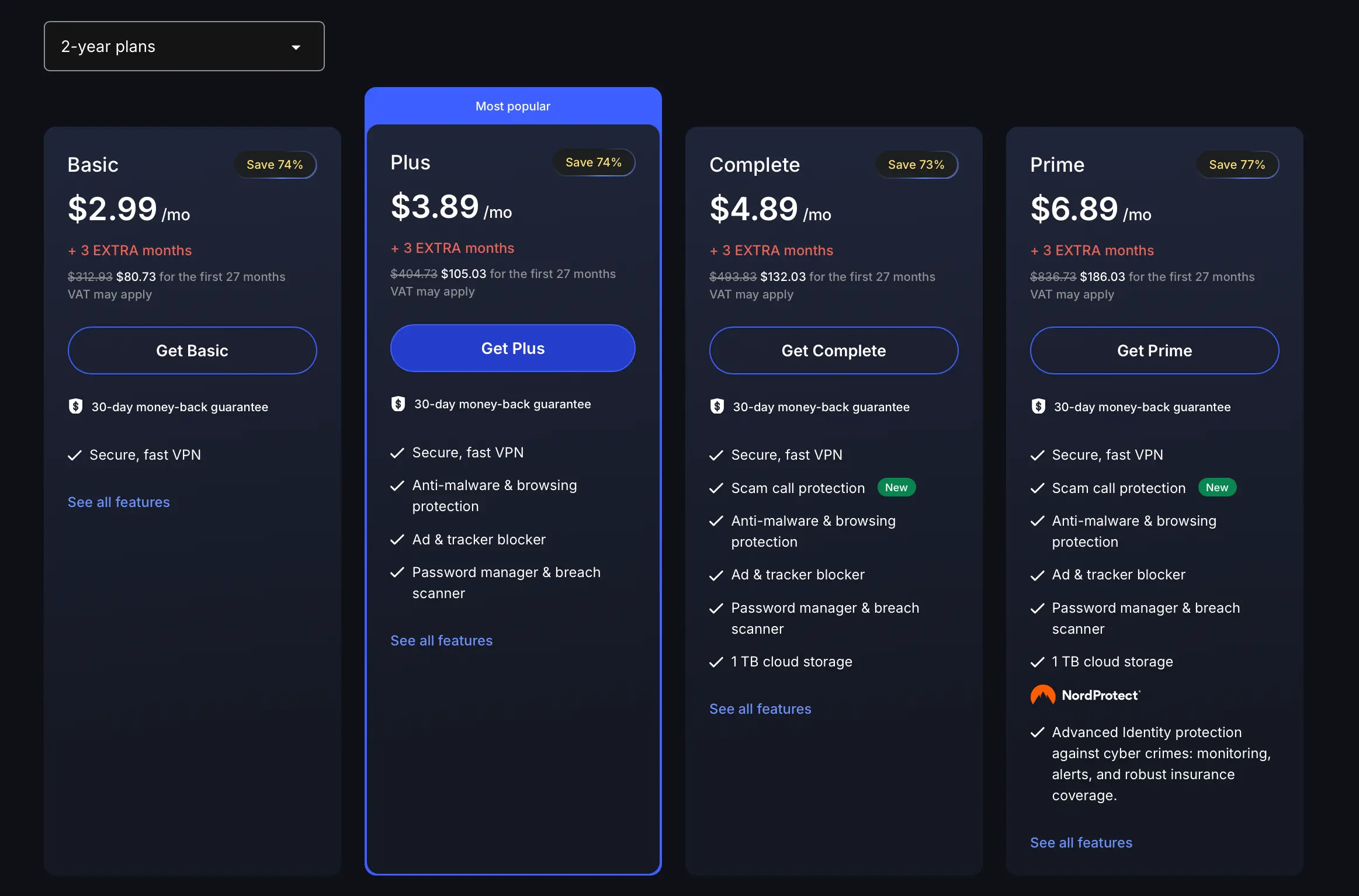 NordVPN black friday 2025 pricing table | BestSafeVPN.com NordVPN Black Friday 2025 pricing table showing Basic, Plus, Complete, and Prime 2-year plans with discounted monthly rates, features, and free months included.
