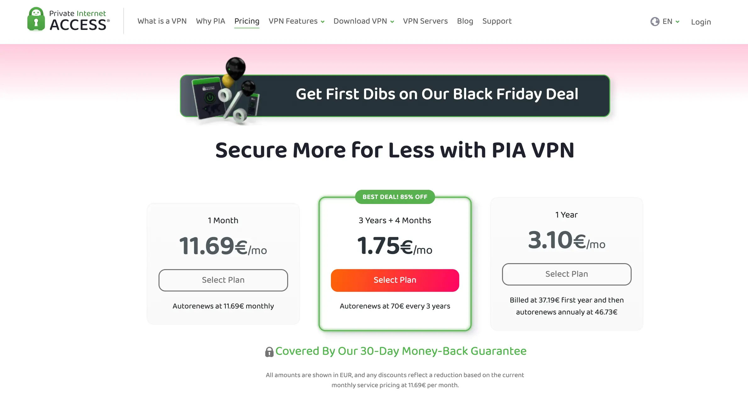 Private Internet Access VPN Black Friday pricing plans showing discounts for 1 month, 1 year, and 3 years + 4 months