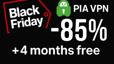 PIA VPN Black Friday banner in black and red with an 85 percent discount and 4 months free.